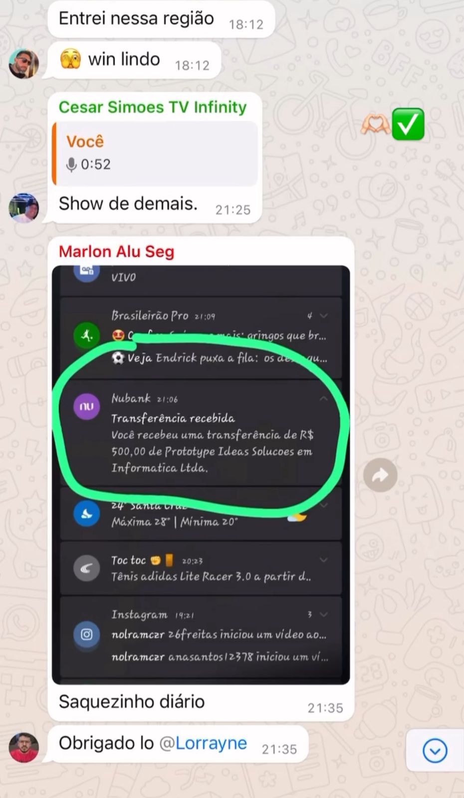 Depoimento mostrando transferência de R$ 500